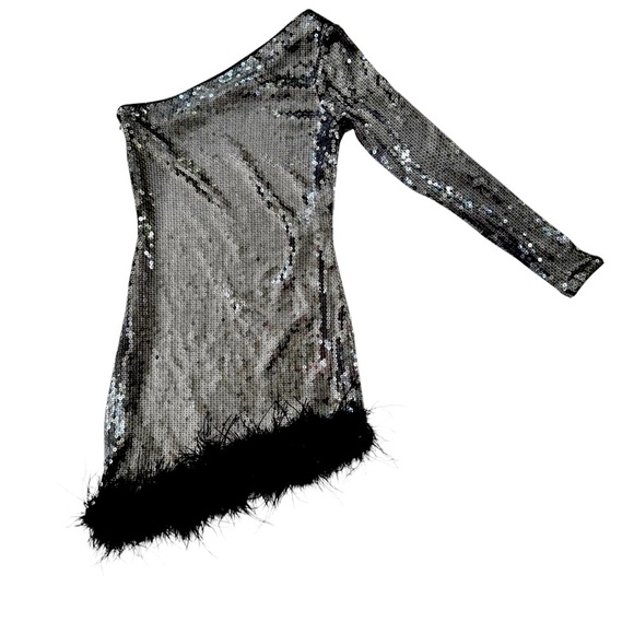 Superdown Revolve Sequin Cecilia One Shoulder Mini Dress Silver Black Size S - Picture 3 of 13